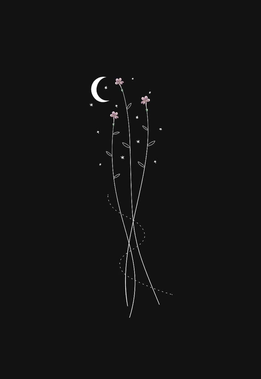 暗黑可愛三朵小花 壁紙 — 精緻的白色線條藝術，月亮花和星星在純黑背景上綻放。