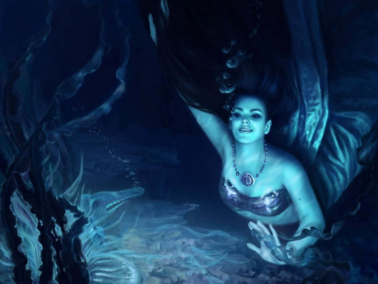 暗黑地獄美人魚色彩圖 壁紙 — 一位寧靜的美人魚，擁有飄逸的深色頭髮和發光的珠寶，在深藍色調中優雅地漂浮在珊瑚和氣泡之間的水下。