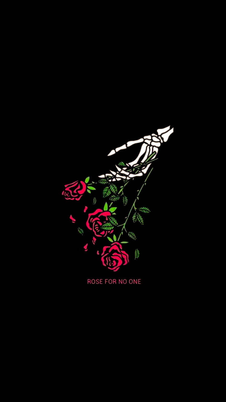 骷髏手在黑色背景上握著紅玫瑰，附有文字 rose for no one