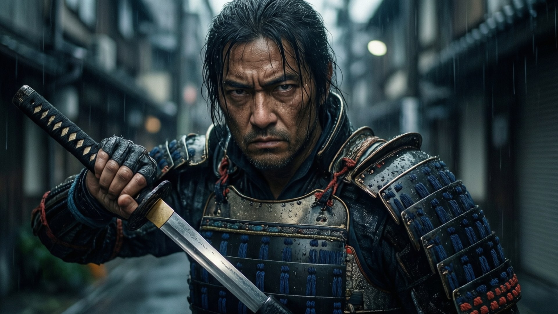 暗黑戰士黑鋼 壁紙 — 一個濕透的武士穿著黑色盔甲，在狹窄的雨巷中握著一把刀，身後是模糊的傳統建築。