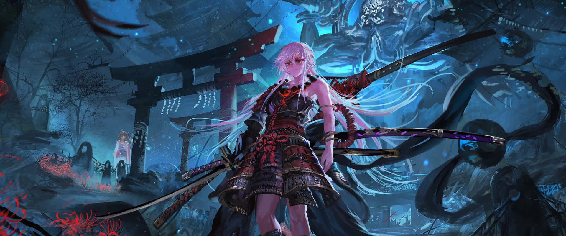 粉紅髮武士手持劍，在夜晚的鬧鬼藍色森林中。