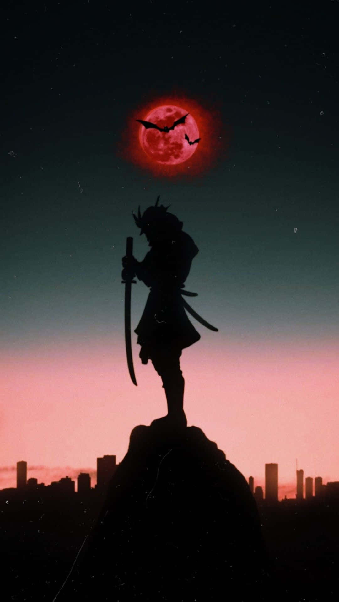 懸崖上的戰士剪影在紅月下舉劍，蝙蝠在黃昏的城市上空飛翔。
