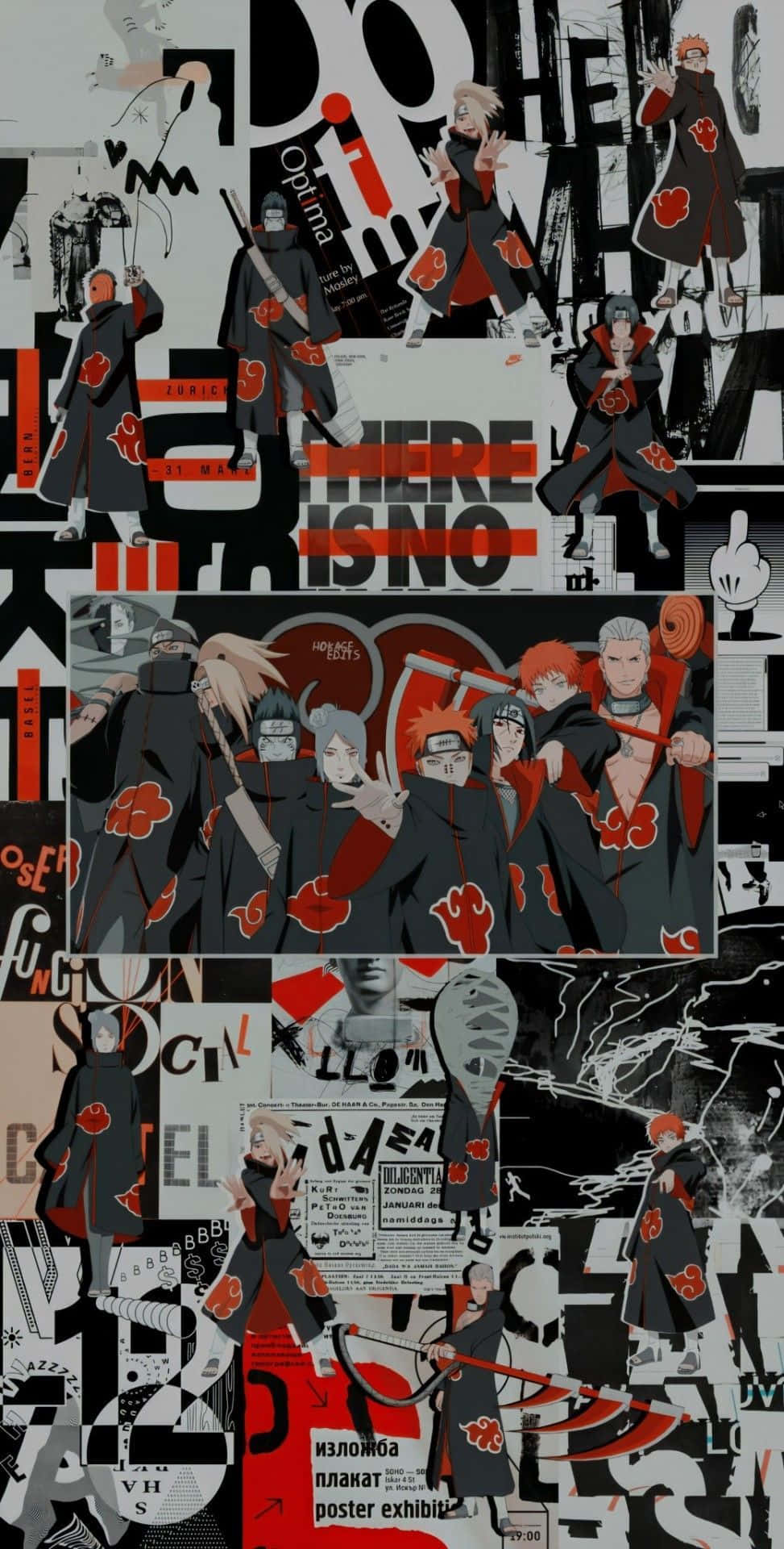 暗黑火影 Akatsuki 風格拼貼畫 壁紙 — 一個動漫角色穿著曉組織長袍的拼貼畫，夾雜著黑色、紅色和白色的混亂文字和圖形元素。