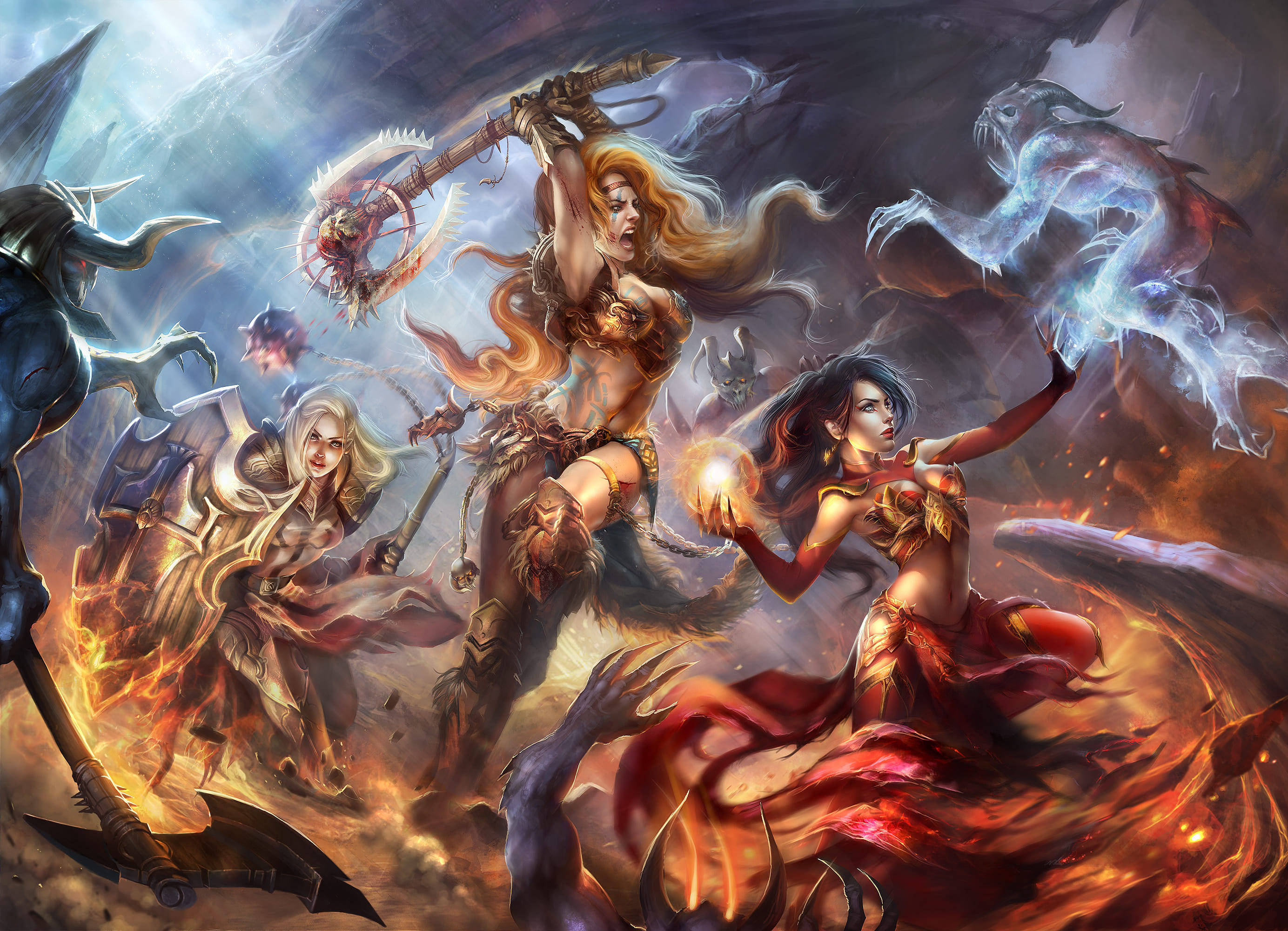 《暗黑破壞神3》強悍女性戰士 壁紙 — 奇幻戰士在暴風雨的天空下與幽靈怪物激烈交戰。