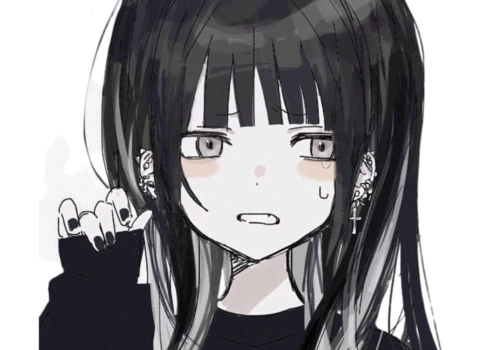 暗黑系 emo 女孩動漫頭像 壁紙 — 一個憂鬱的動漫女孩，長長的黑髮和含淚的眼睛，在純白的背景上舉起戴著手套的手。