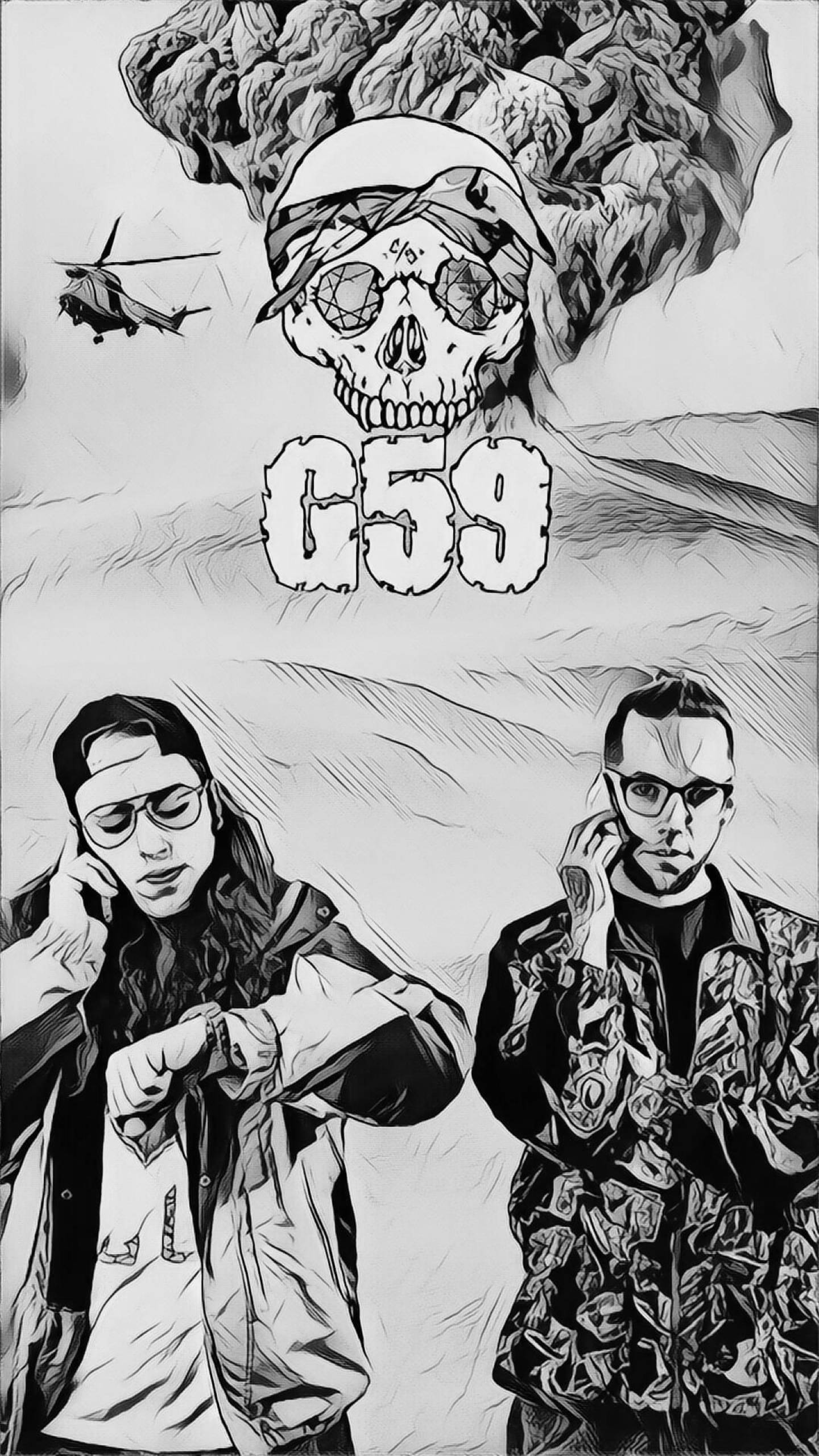 暗黑美學——Suicideboys黑白向量藝術 壁紙 — 兩個風格化的男人穿著都市裝備站在一個戴著頭盔和護目鏡的骷髏下方，直升機在火山爆發附近飛行。