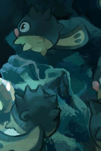 深藍綠色寶可夢，眼睛發光，棲息在陰暗森林的鋸齒狀岩石上。