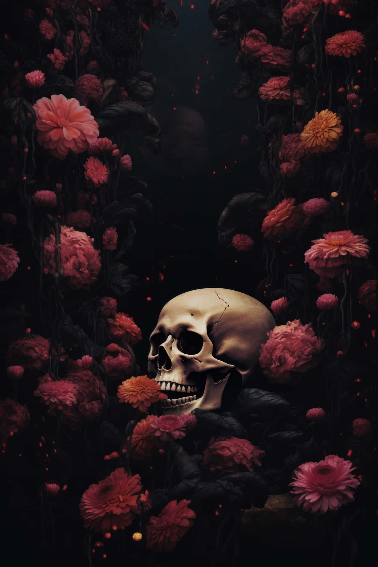 暗黑花卉骷髏美學 壁紙 — 一個破裂的頭骨躺在充滿活力的粉紅色和橙色花朵中，處於黑暗、陰鬱的水下場景。