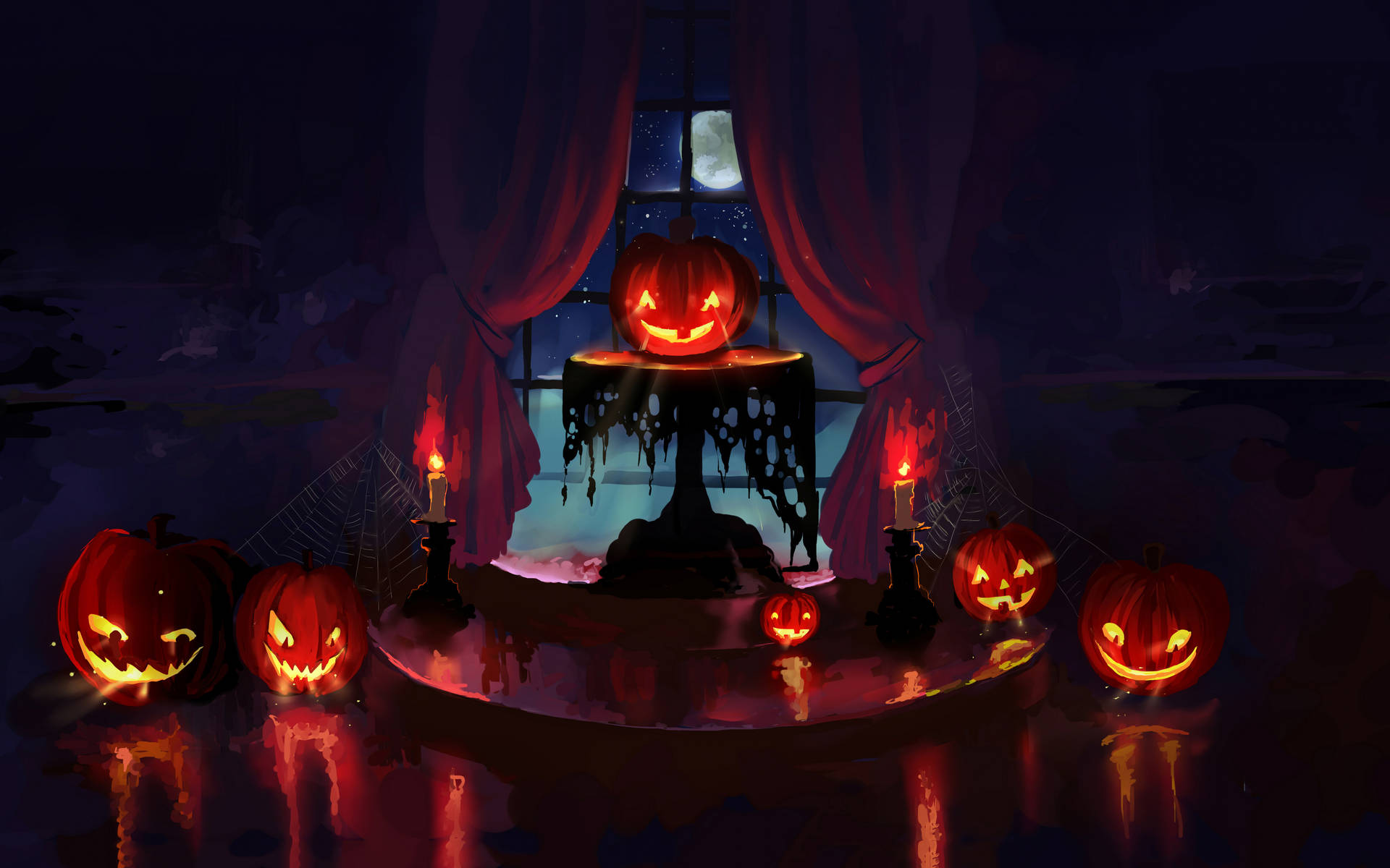 桌子上發光的傑克南瓜燈，配有蠟燭，紅色窗簾後面是月光窗戶。