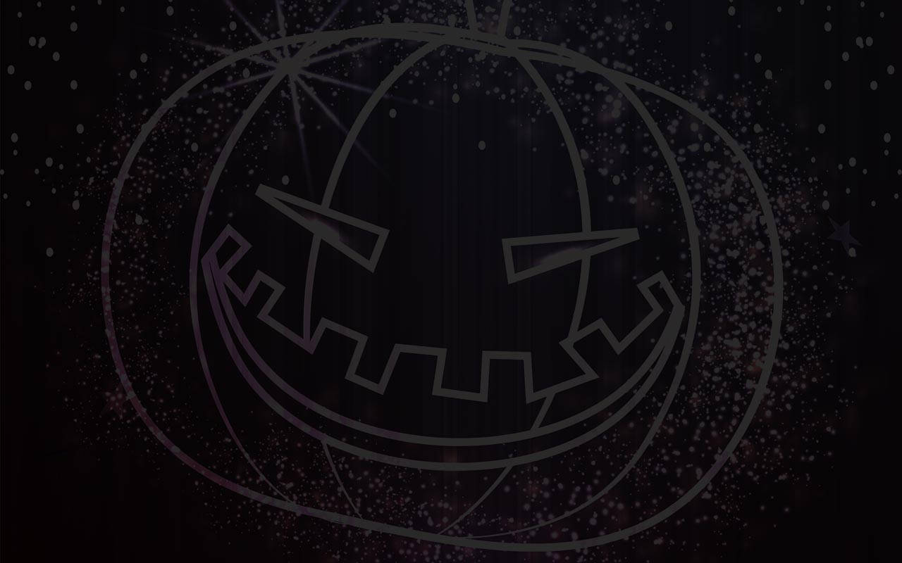 一個發光的南瓜燈輪廓，帶有星星和閃光，在深色背景上。