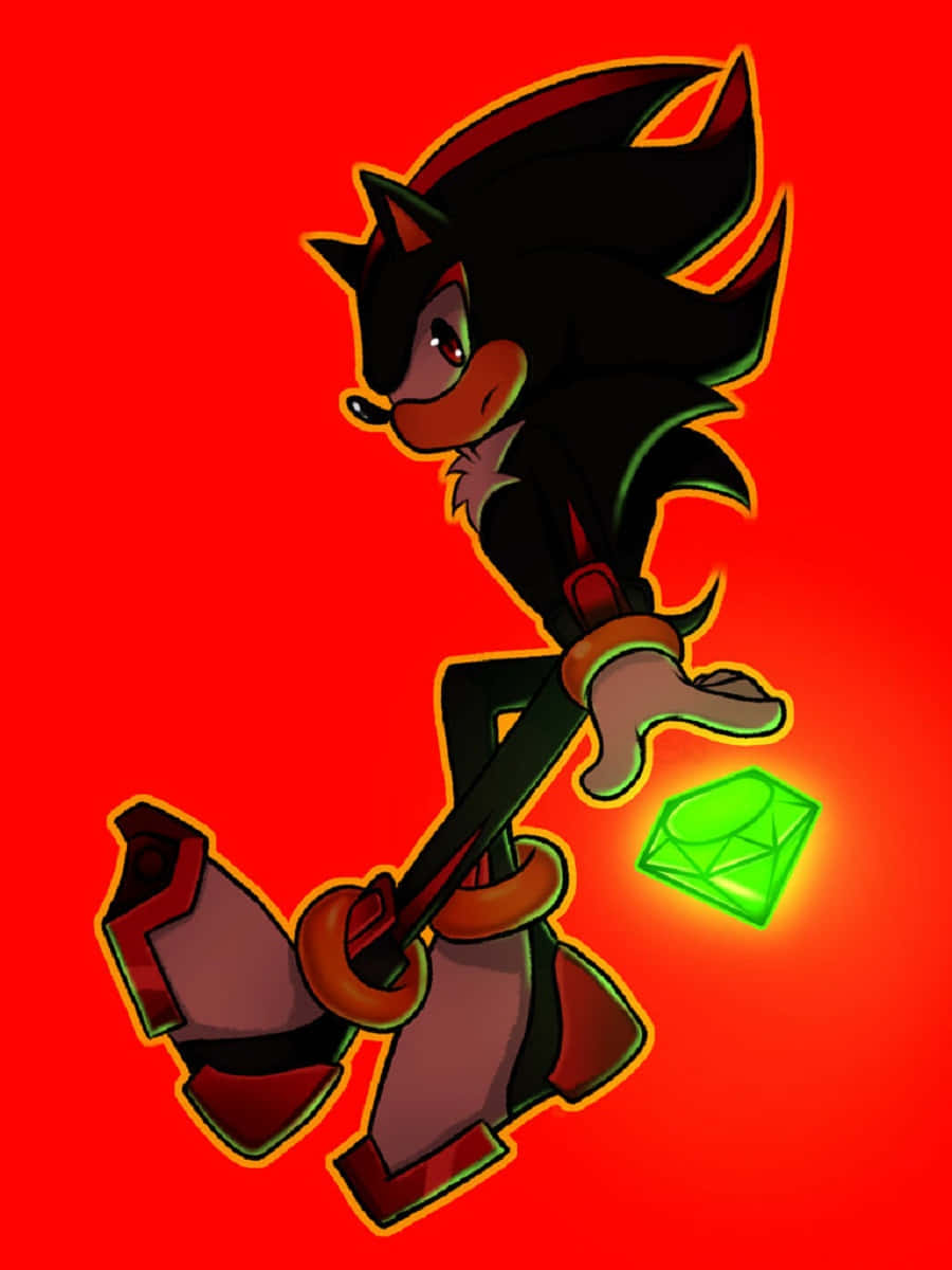 Chaos Emeralds 桌布 壁紙 — 暗黑裝束的Shadow the Hedgehog在火紅背景前手持發光綠色寶石。
