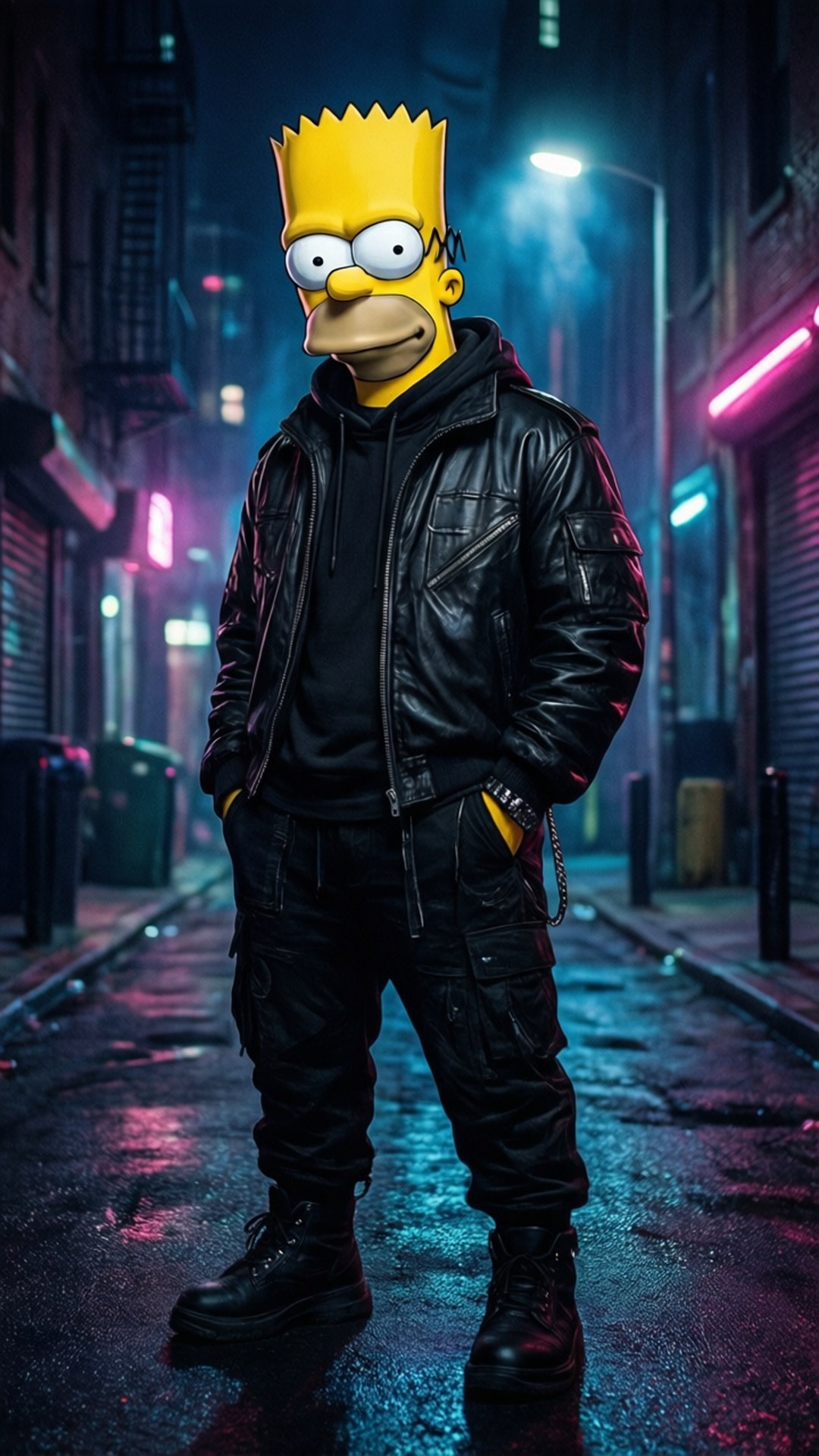巴特·辛普森穿著黑色皮褸，夜晚站在一條霓虹燈照亮、雨水浸濕的小巷中。