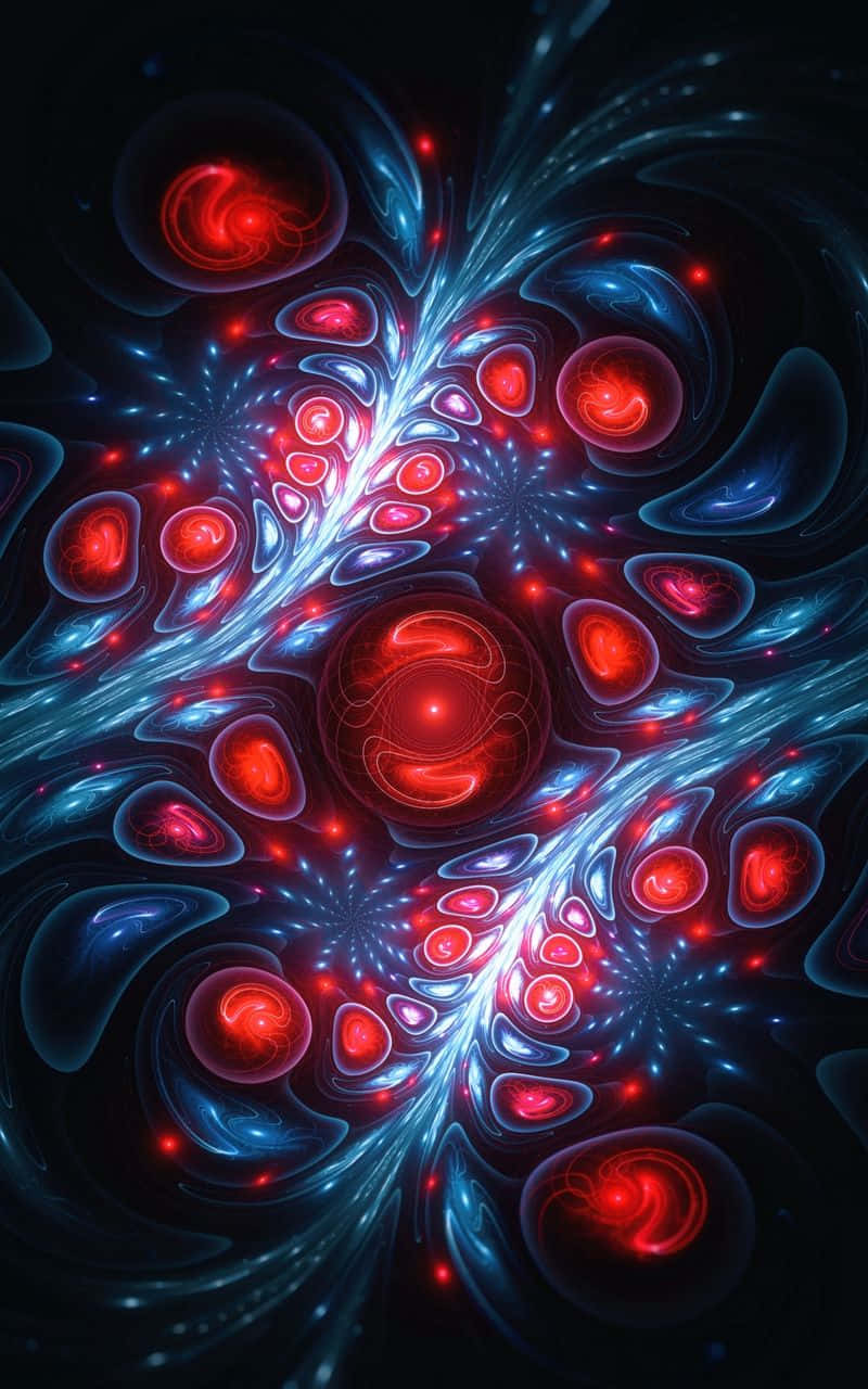 暗黑迷幻 HD 紅色美學 壁紙 — 充滿活力的紅色和藍色分形能量漩渦在宇宙數碼隧道中形成發光的球體。