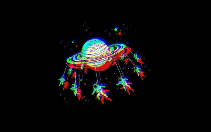 帶有環和漂浮太空人的霓虹星球。