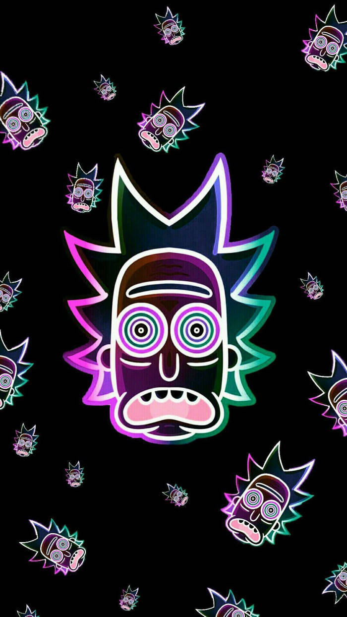 發光霓虹燈的 Rick Sanchez 面孔在黑色背景上以重複圖案漂浮。