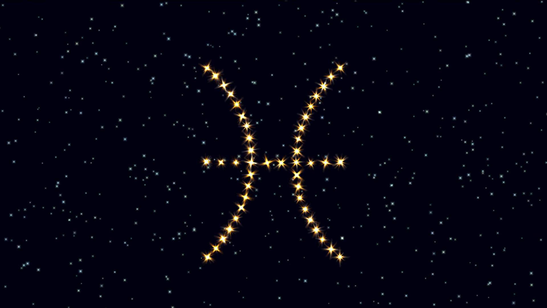 暗黑雙魚座星座符號 壁紙 — 一個發光的金色雙魚座星座，由明亮的星星組成，背景是深藍色的夜空，點綴著閃爍的星星。