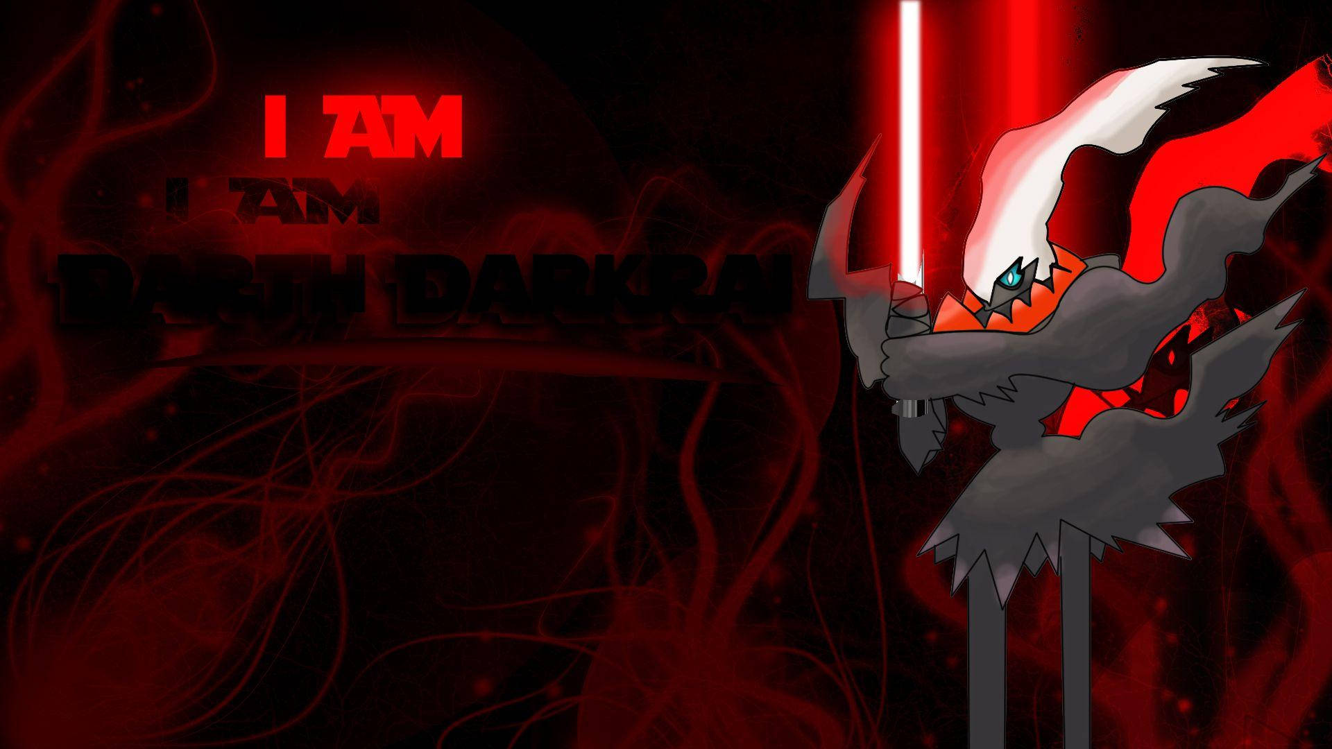 Darkrai 在深紅色旋轉背景中，手持紅色光劍，眼睛發光。