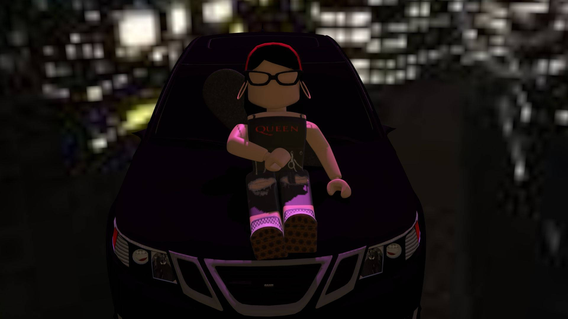 Roblox角色夜晚喺車頭蓋上舉住Queen專輯