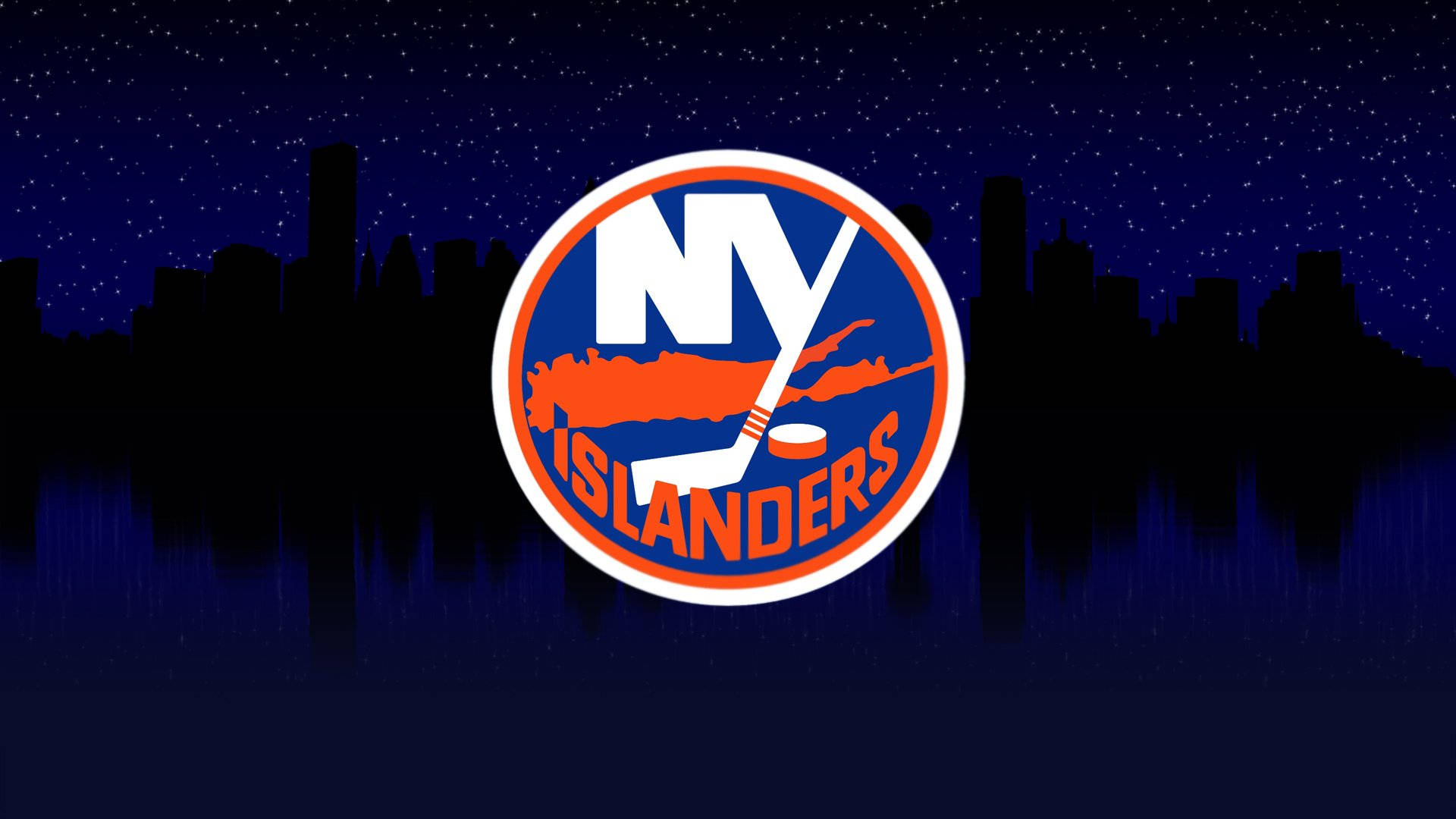 暗黑風格紐約島人隊藝術 壁紙 — NY Islanders 標誌在星空夜景中發光，襯托城市剪影和水面倒影。
