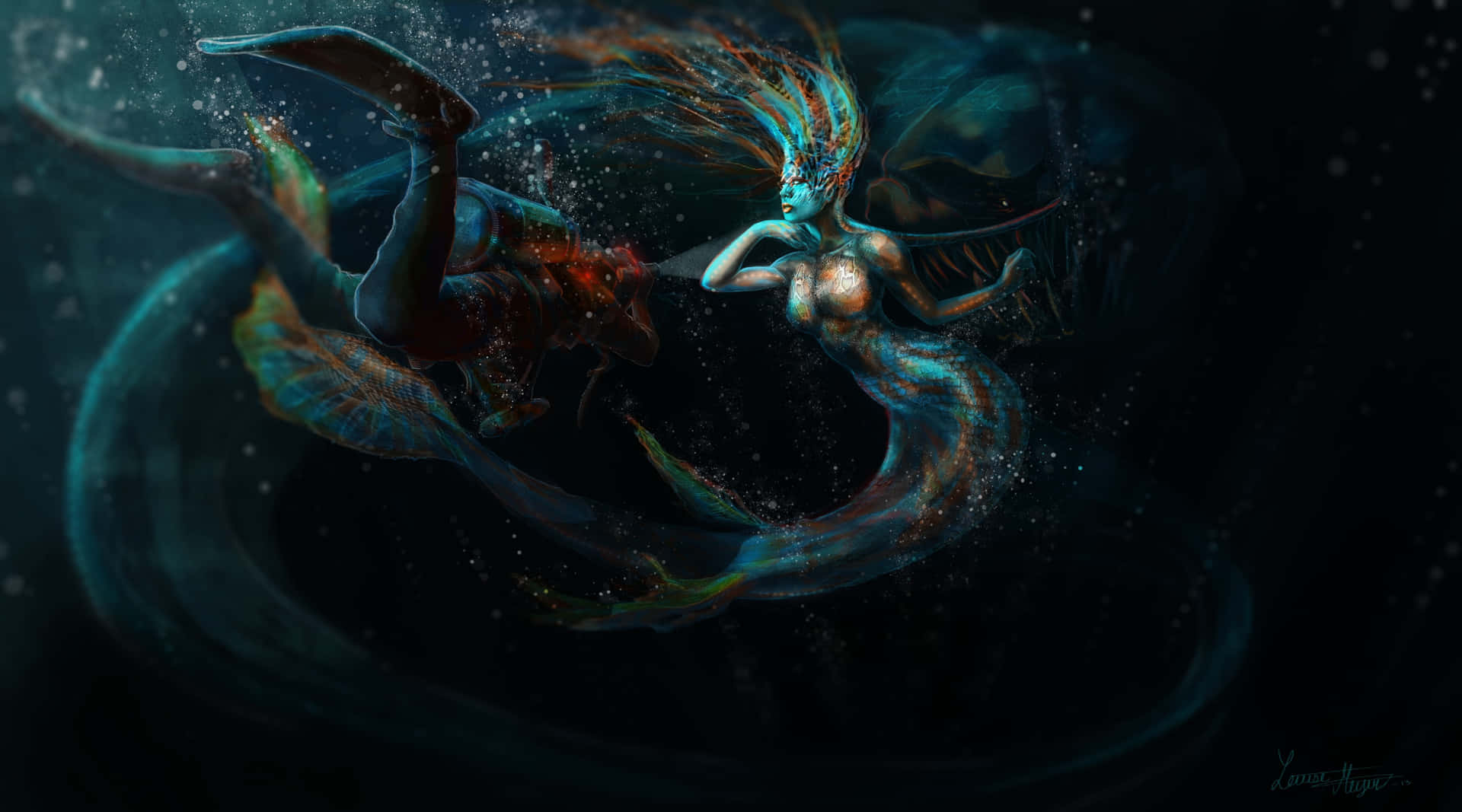 一條閃閃發光的人魚，擁有飄逸的頭髮，在黑暗的海洋水域中游動，周圍環繞著微粒和水生生物。 — 美人魚 GIF 壁紙
