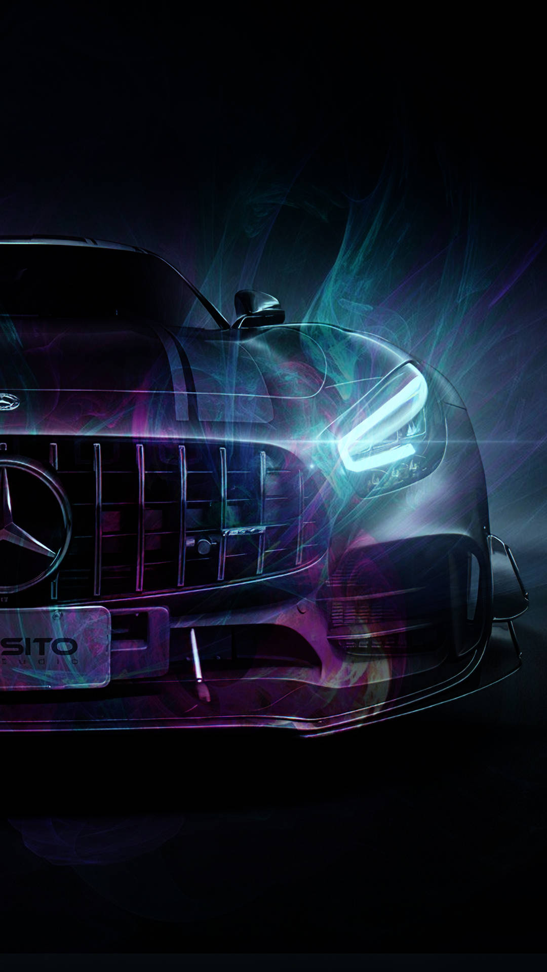 一輛在黑暗環境中帶有霓虹燈效果的發光Mercedes-AMG汽車。