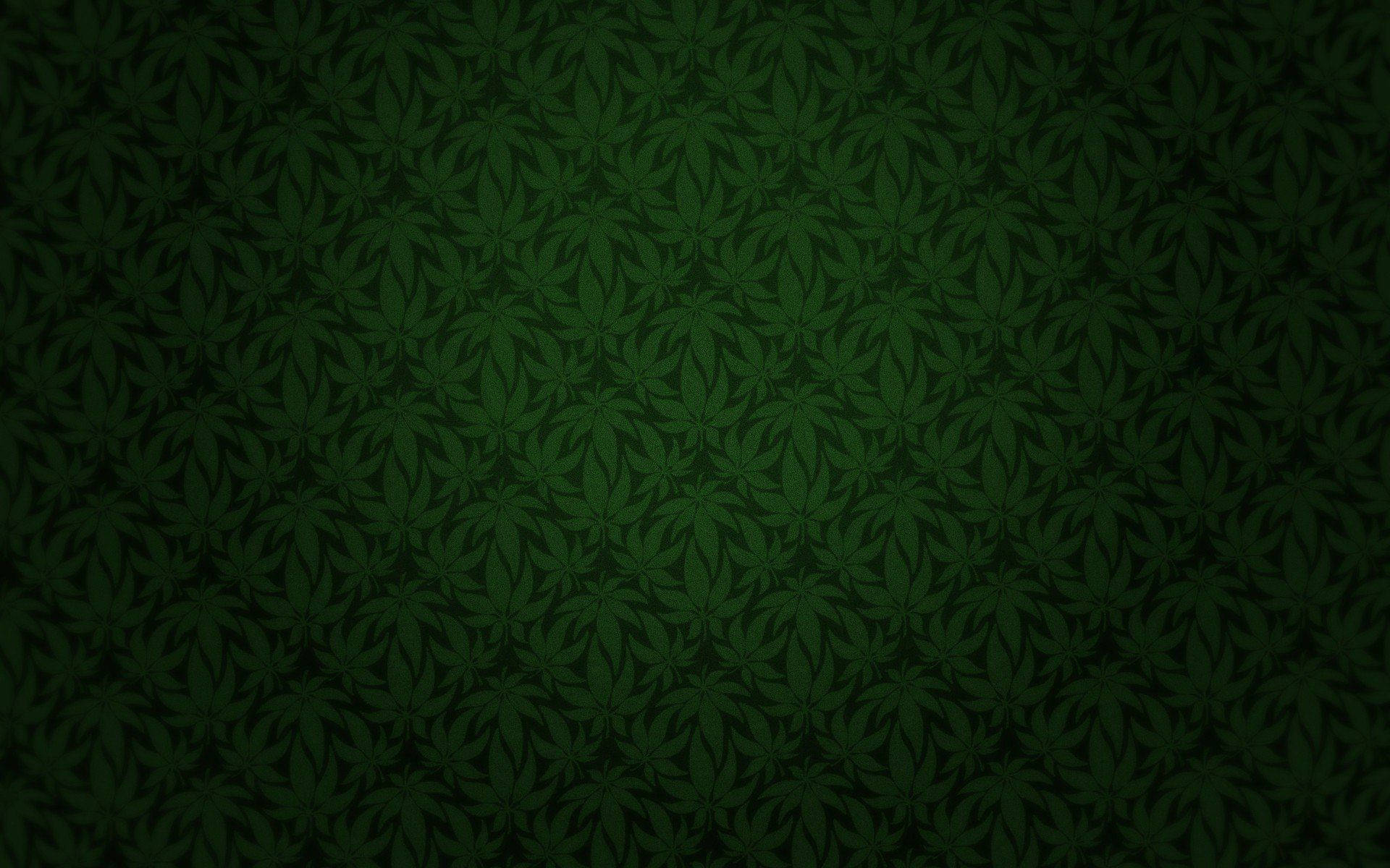 深綠色牆紙，帶有重複的大麻葉圖案。