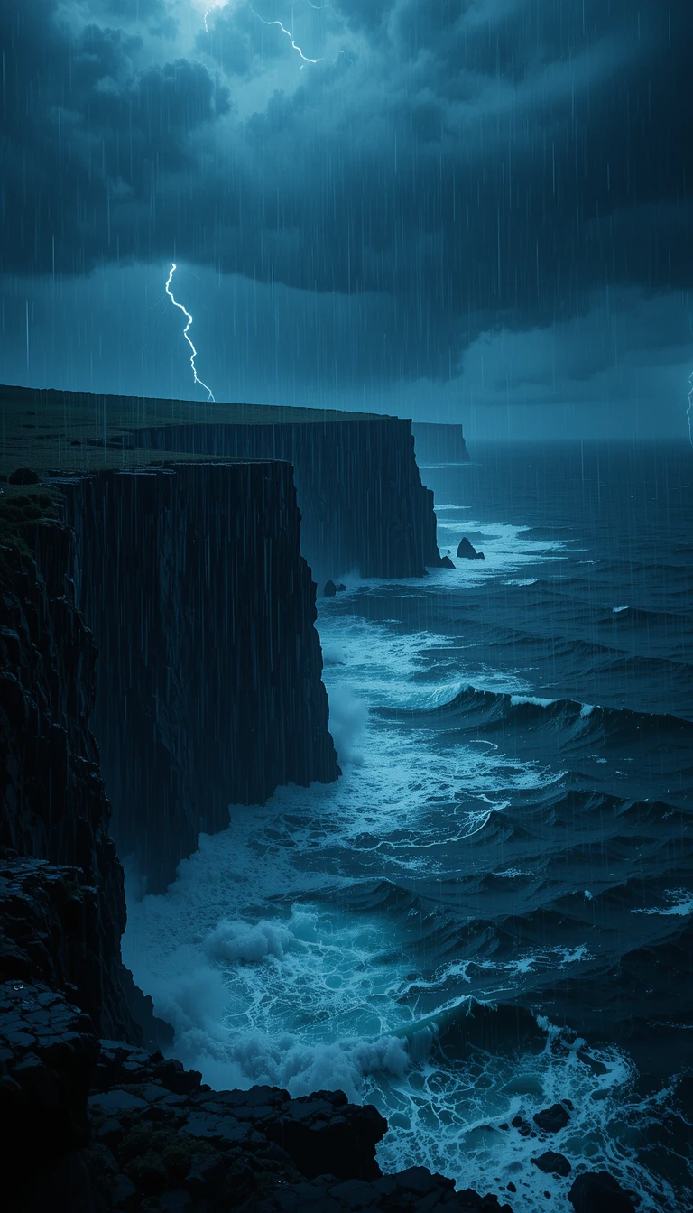 暗黑風格雷暴壁紙 壁紙 — 一場戲劇性的風暴在 towering 海崖上肆虐，閃電劃破黑暗的天空，海浪衝擊岩石。
