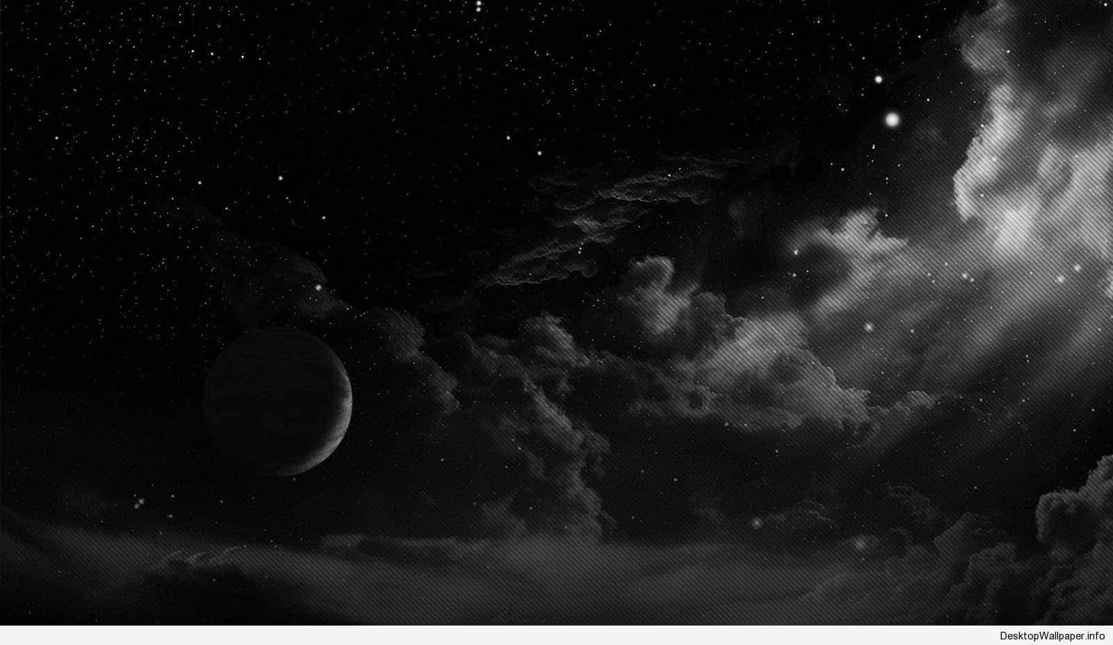 暗黑風格電腦星空背景 壁紙 — 一個單色宇宙場景，行星和星星從戲劇性的雲層中探出頭來。