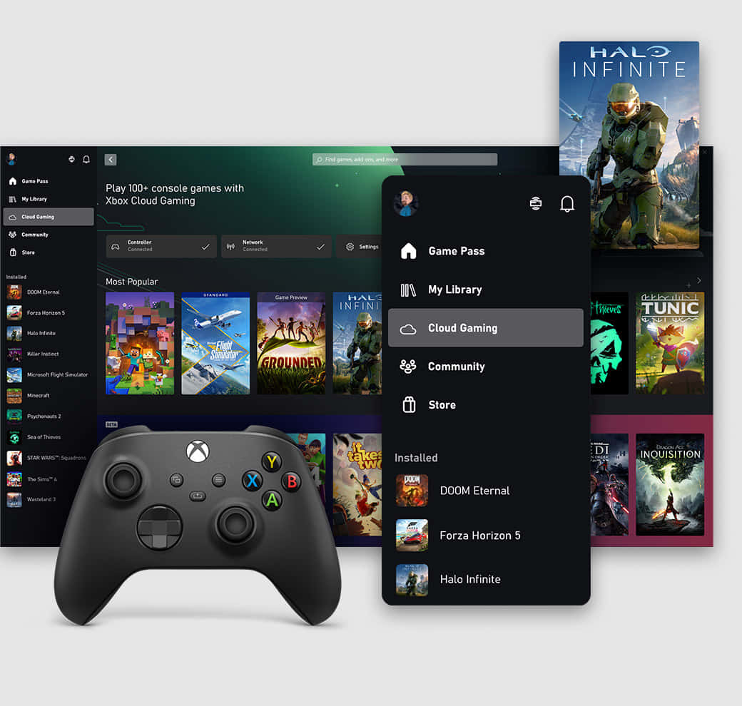 Xbox手掣配合雲端遊戲應用程式，顯示遊戲庫及熱門遊戲。