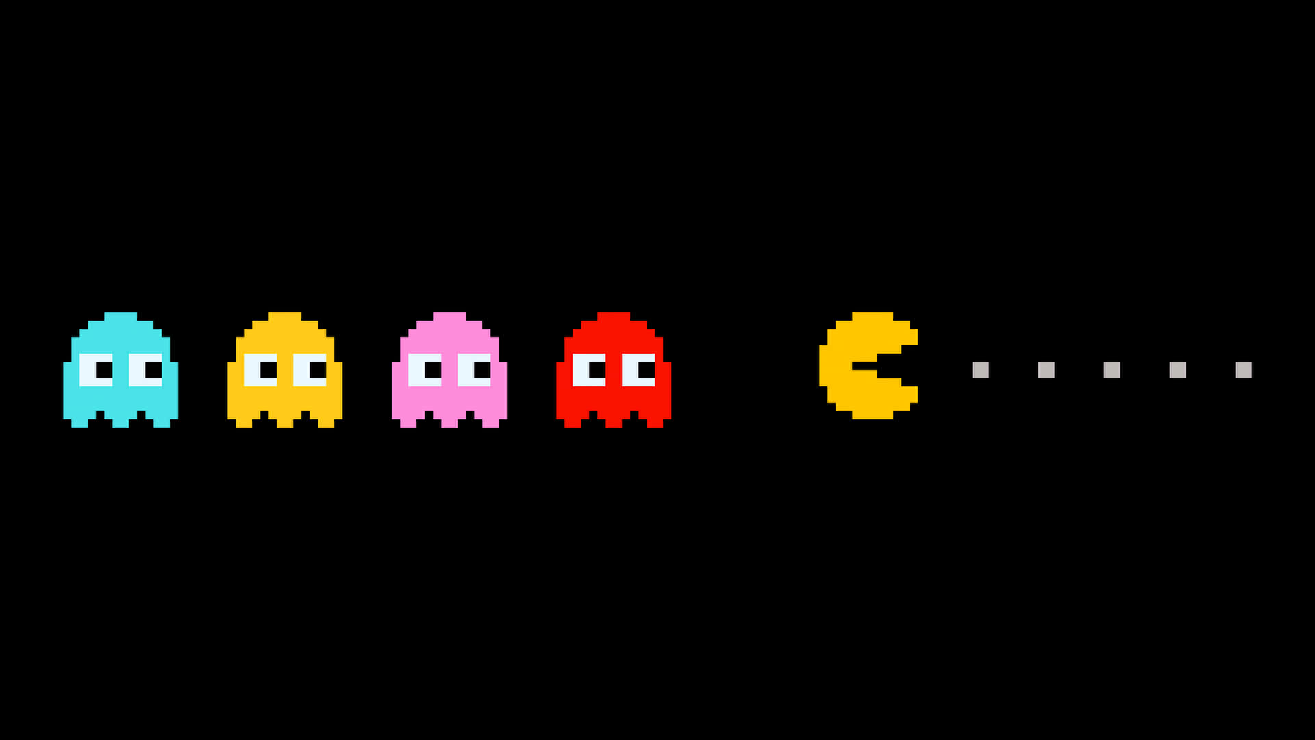 Pacman 在經典街機像素藝術中面對四個彩色鬼魂。