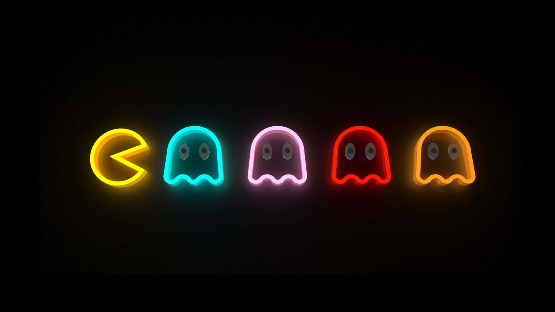 在黑色背景上以鮮豔色彩發光的霓虹 Pac-Man 和鬼魂。