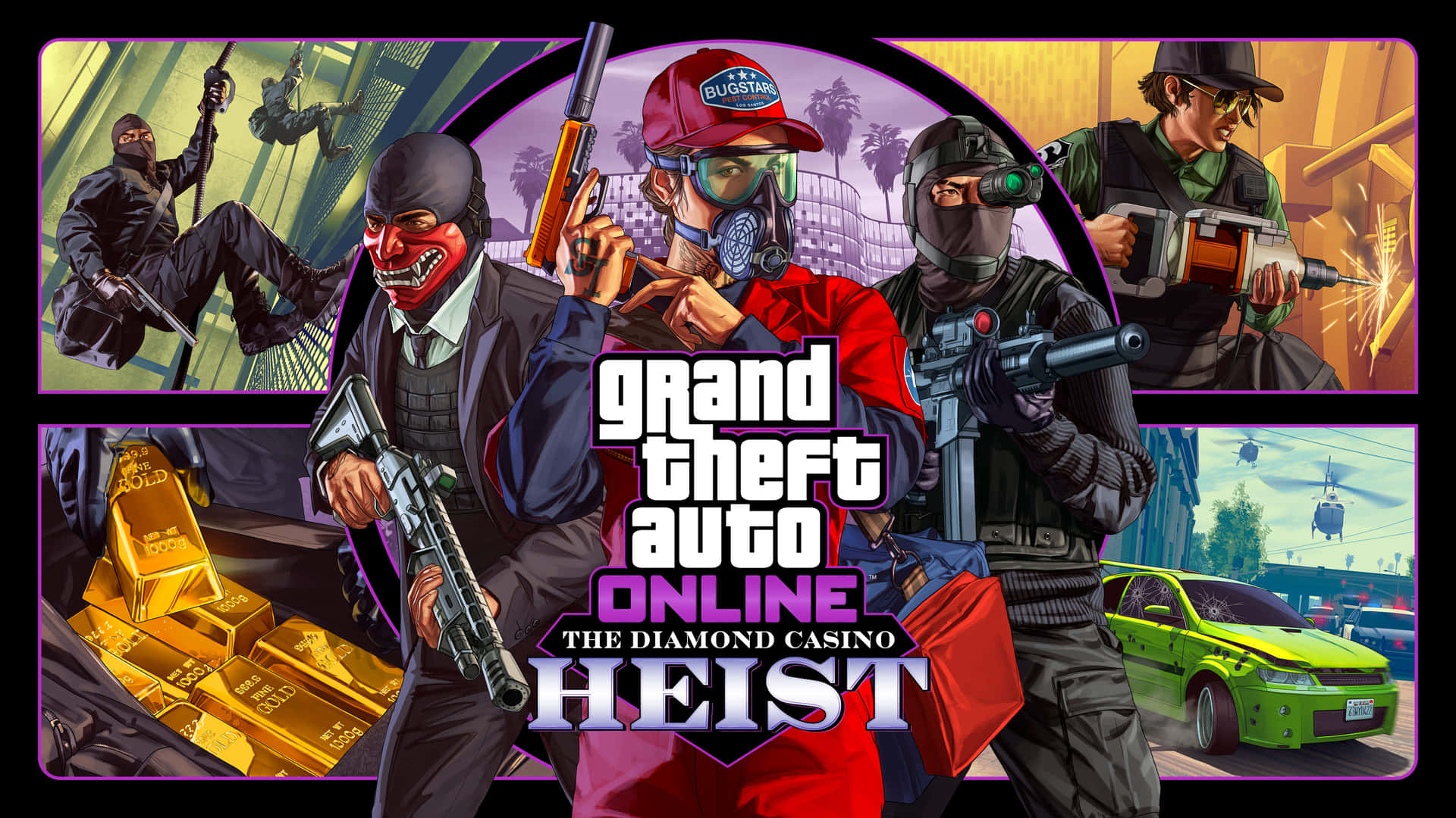《Grand Theft Auto Online Heist》宣傳藝術，包含戴面具的角色、武器和金條。