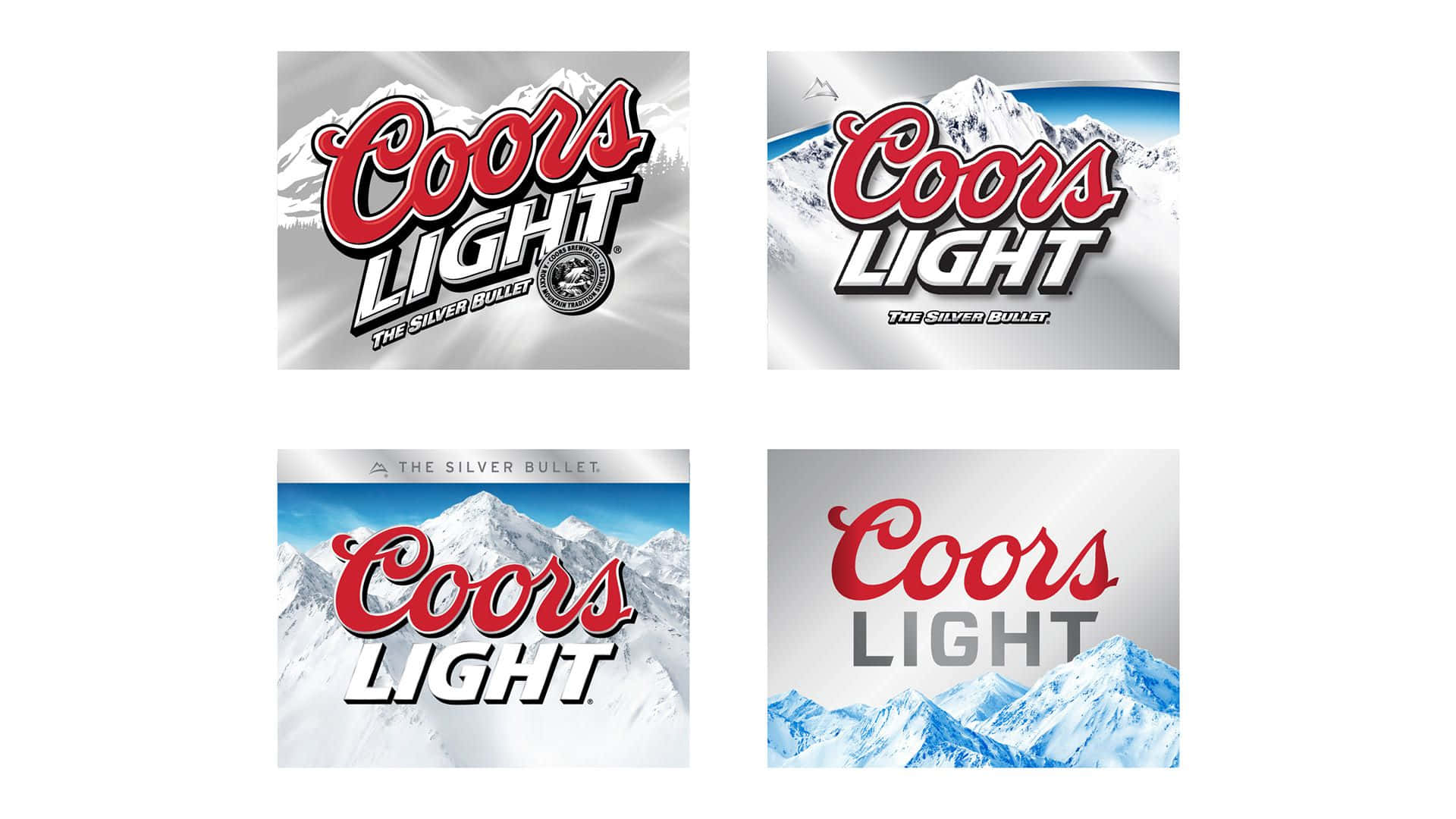 Coors Light 啤酒標誌，以雪山背景呈現四種不同設計。