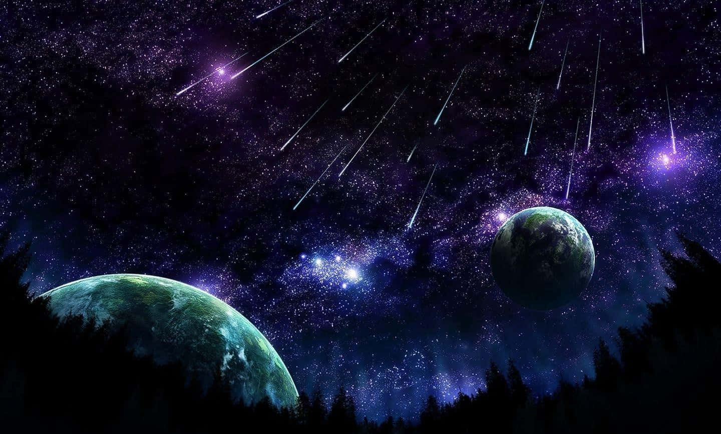暫時放鬆，讓壓力遠去 壁紙 — 兩顆發光的行星漂浮在繁星點點的紫色天空中，流星劃過，下方是黑暗的森林輪廓。