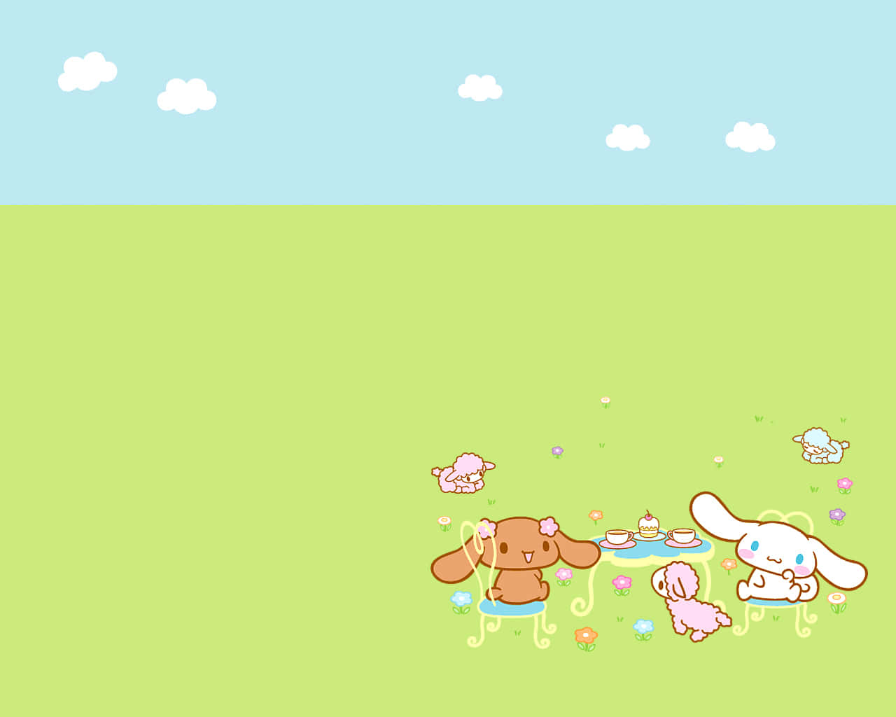 Cinnamoroll 和朋友們在陽光明媚的田野裡舉行茶會，有花朵和雲朵。