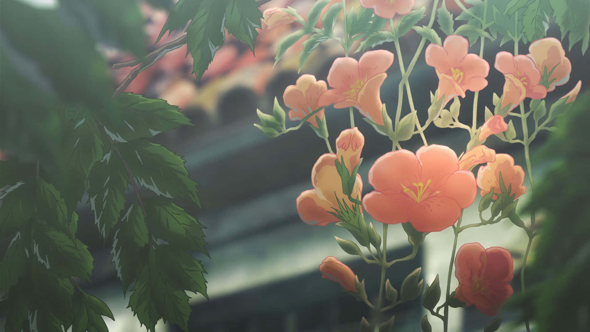 柔和光線下的桃花和綠葉，背景模糊。