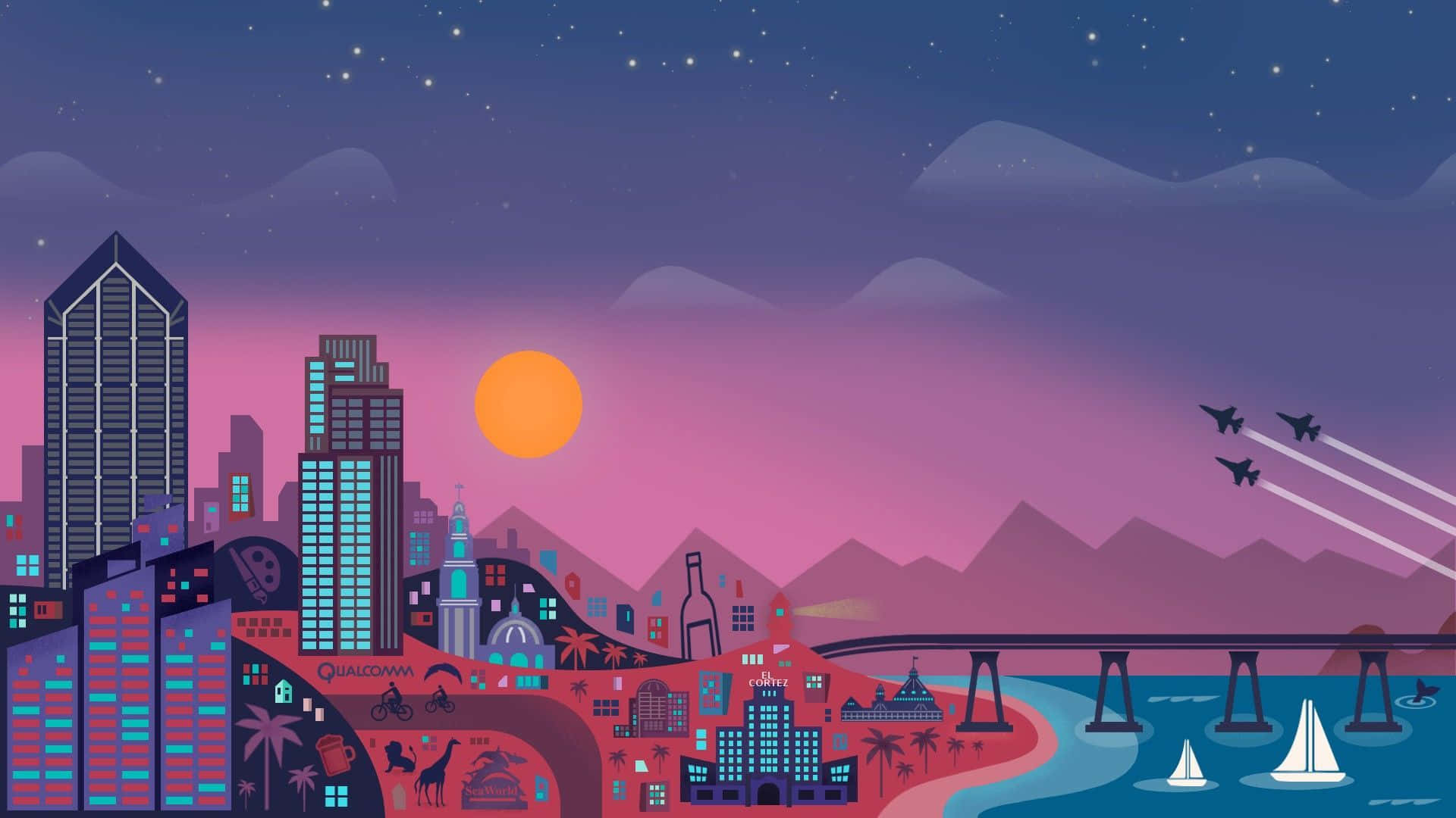 Aesthetic Anime City 桌布 壁紙 — 暮色中充滿活力的插圖城市景觀，有發光的摩天大樓、棕櫚樹和戰鬥機飛過橋樑和水面。