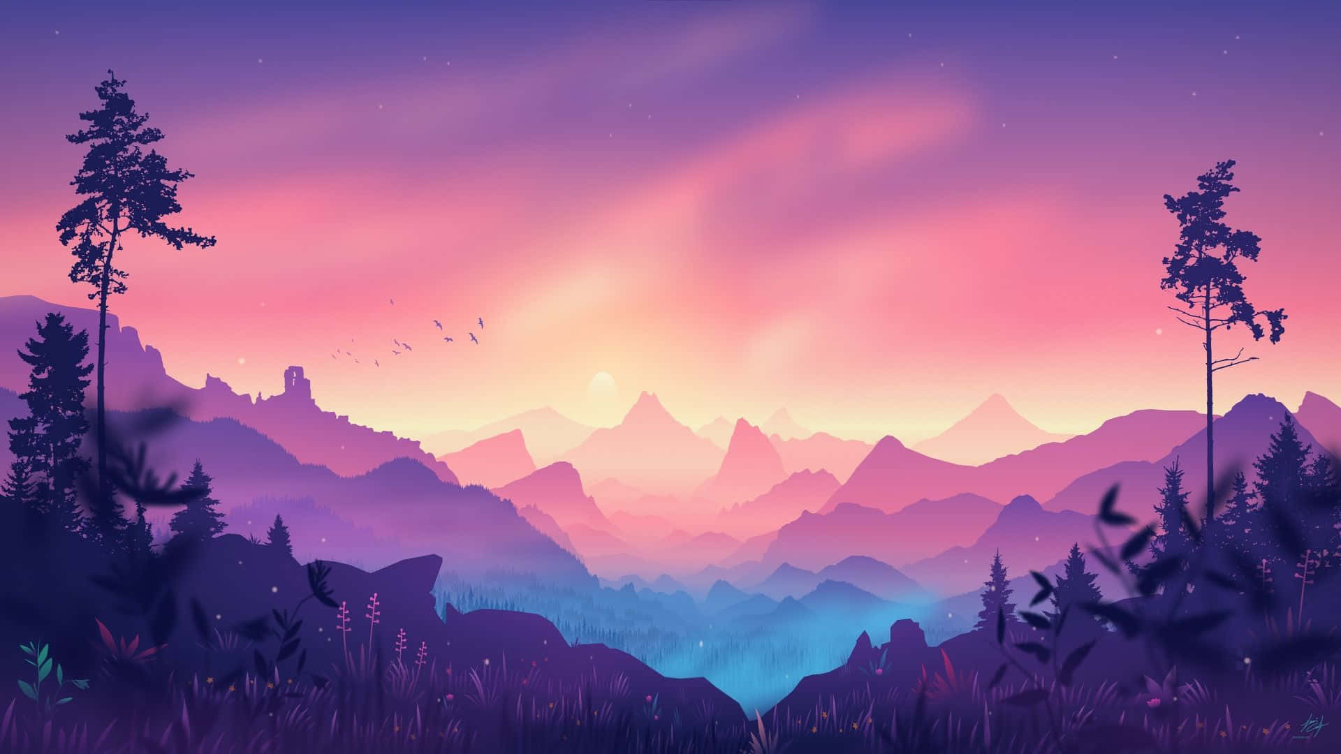 Digital Art 桌布 壁紙 — 暮色中寧靜的山景，紫色、粉紅色和藍色色調在星空下勾勒出樹木和遠處山峰的輪廓。