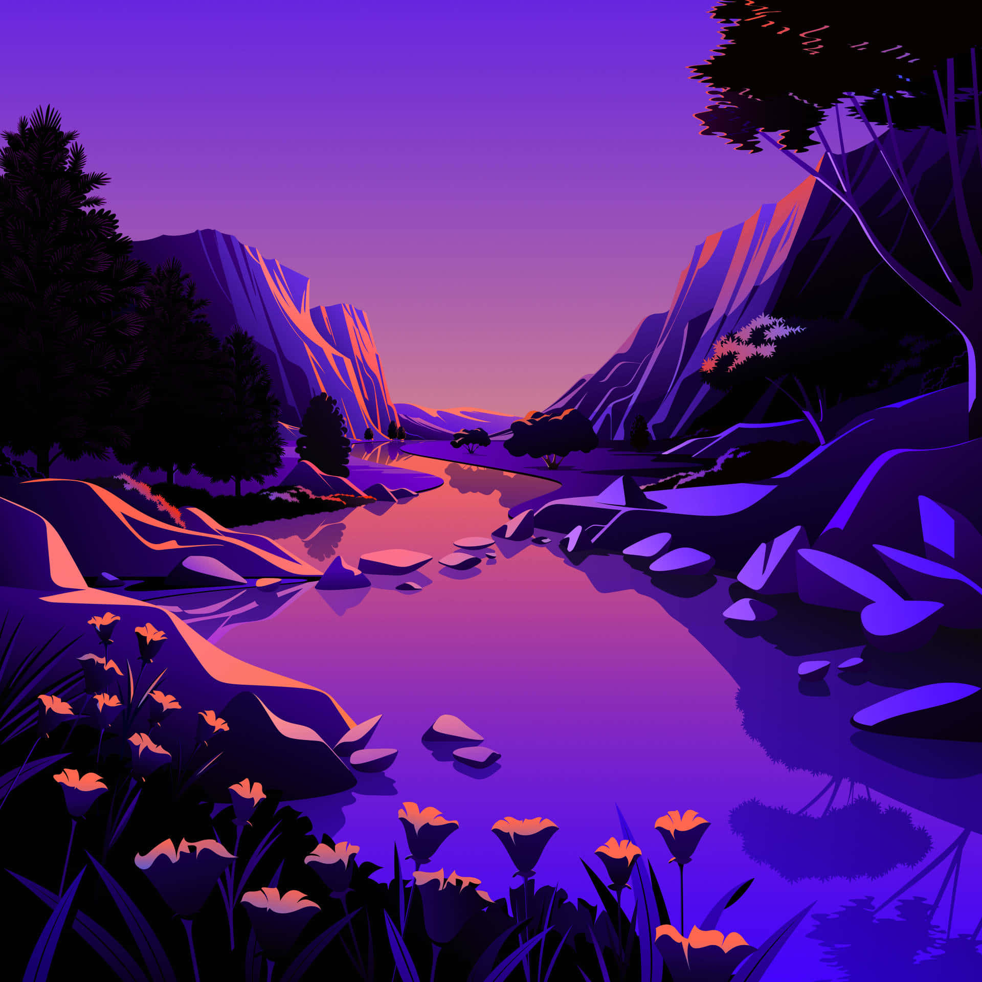 一條發光的河流流經紫色山谷，前景有橙色花朵。