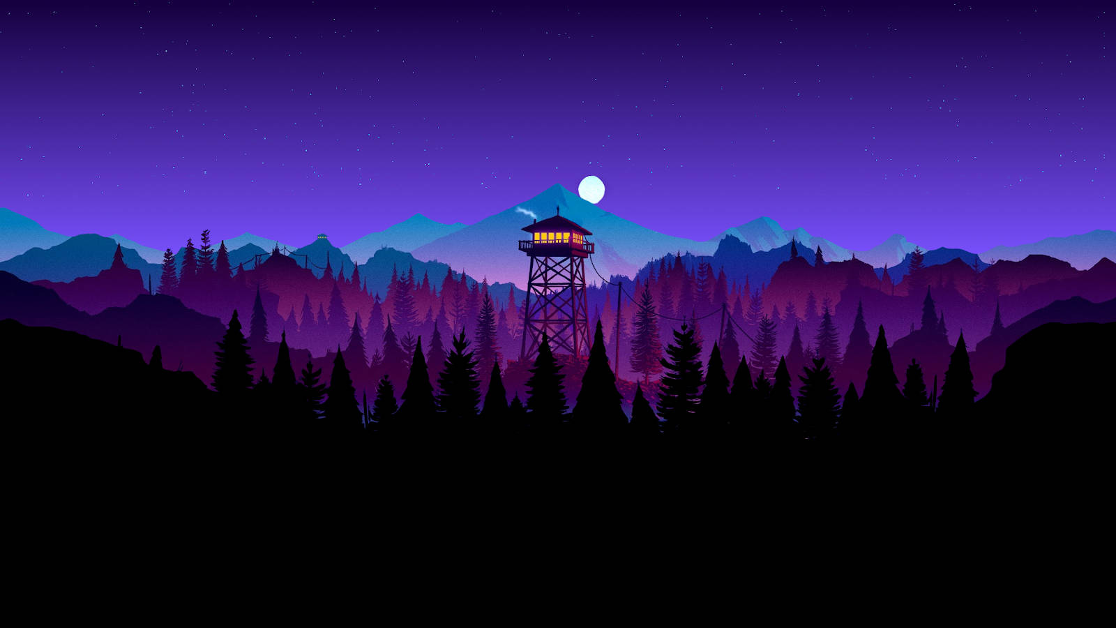 夜晚在紫色山脈中發光的火警瞭望塔，伴隨著松樹和月亮
