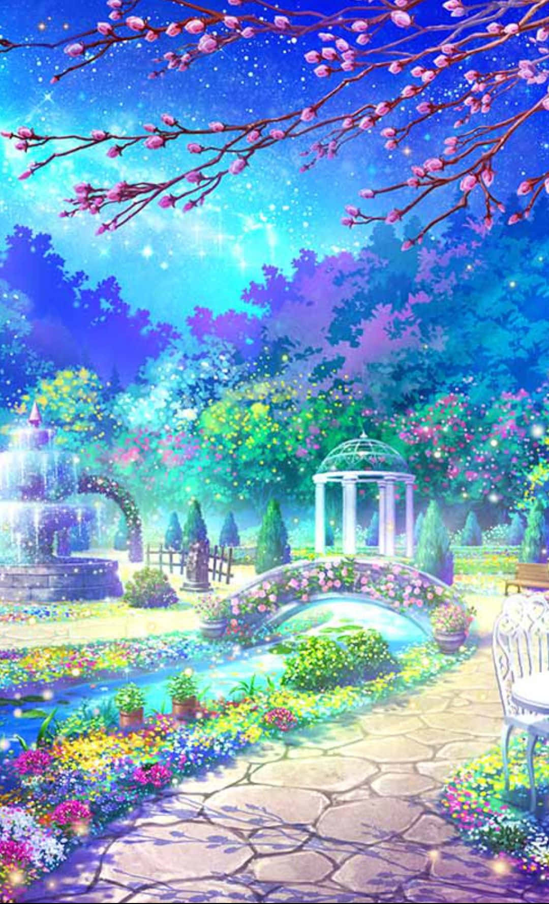 靚靚動畫 桌布 壁紙 — 暮色中的魔法花園，盛開的櫻花在星空下閃爍，映照著石徑和噴泉。