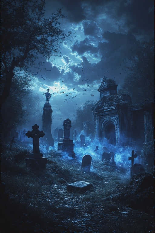 夜晚的恐怖墓地，有發光的霧氣、蝙蝠和暴風雲後面的藍月。
