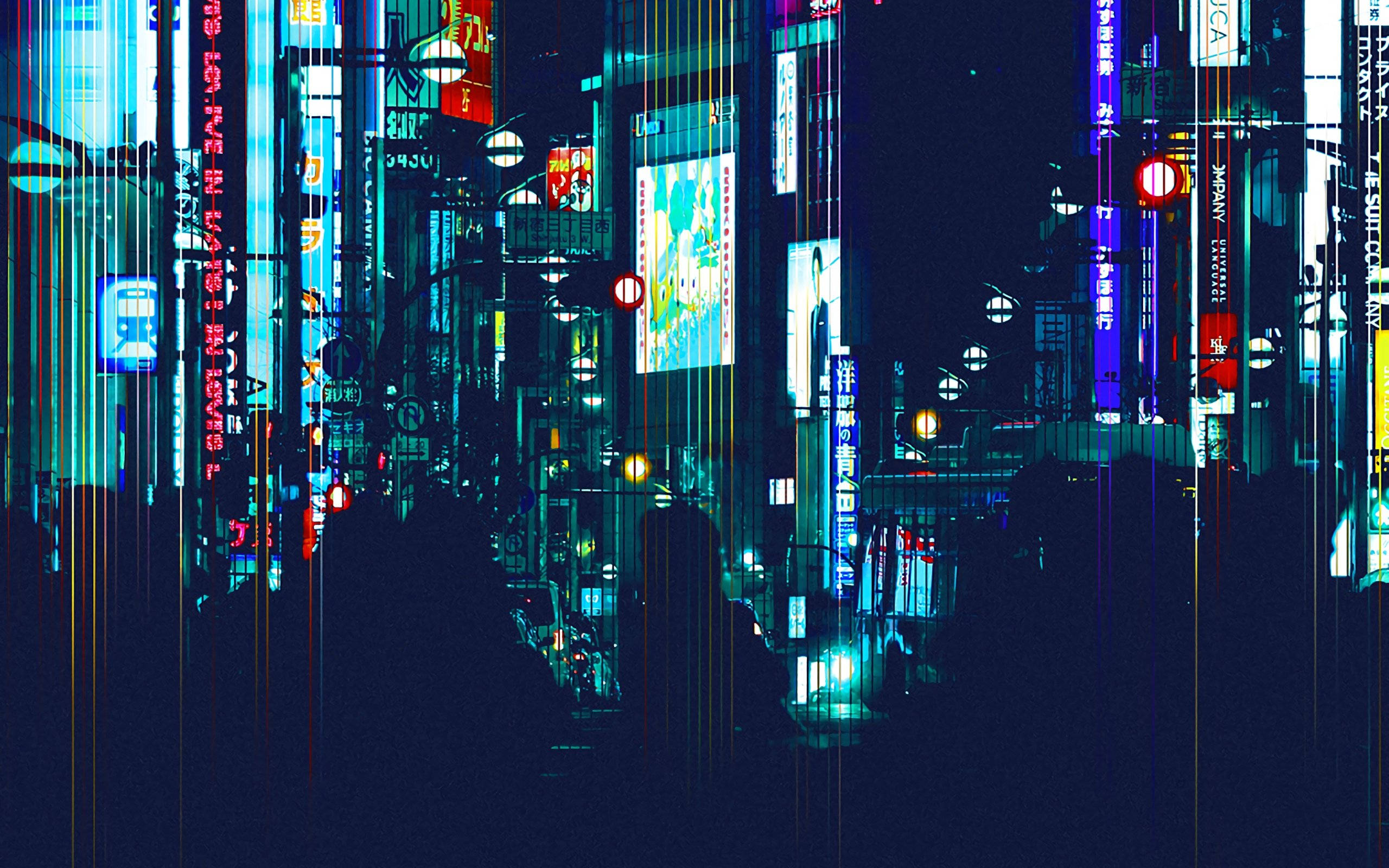 暮色塗鴉城市風景 壁紙 — 一個帶有故障效果、霓虹燈照亮的城市夜景，聳立的廣告牌和扭曲的垂直光條。