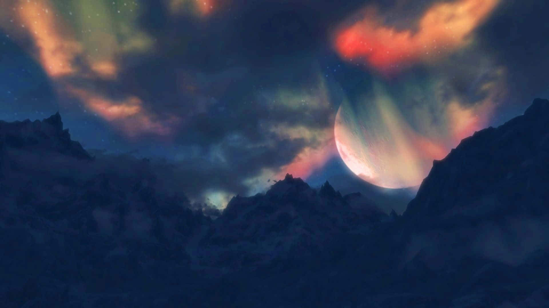 Skyrim Landscapes 桌布 壁紙 — 暮色天空下，發光的彎月與充滿活力的極光雲彩映襯著超現實的山脈。