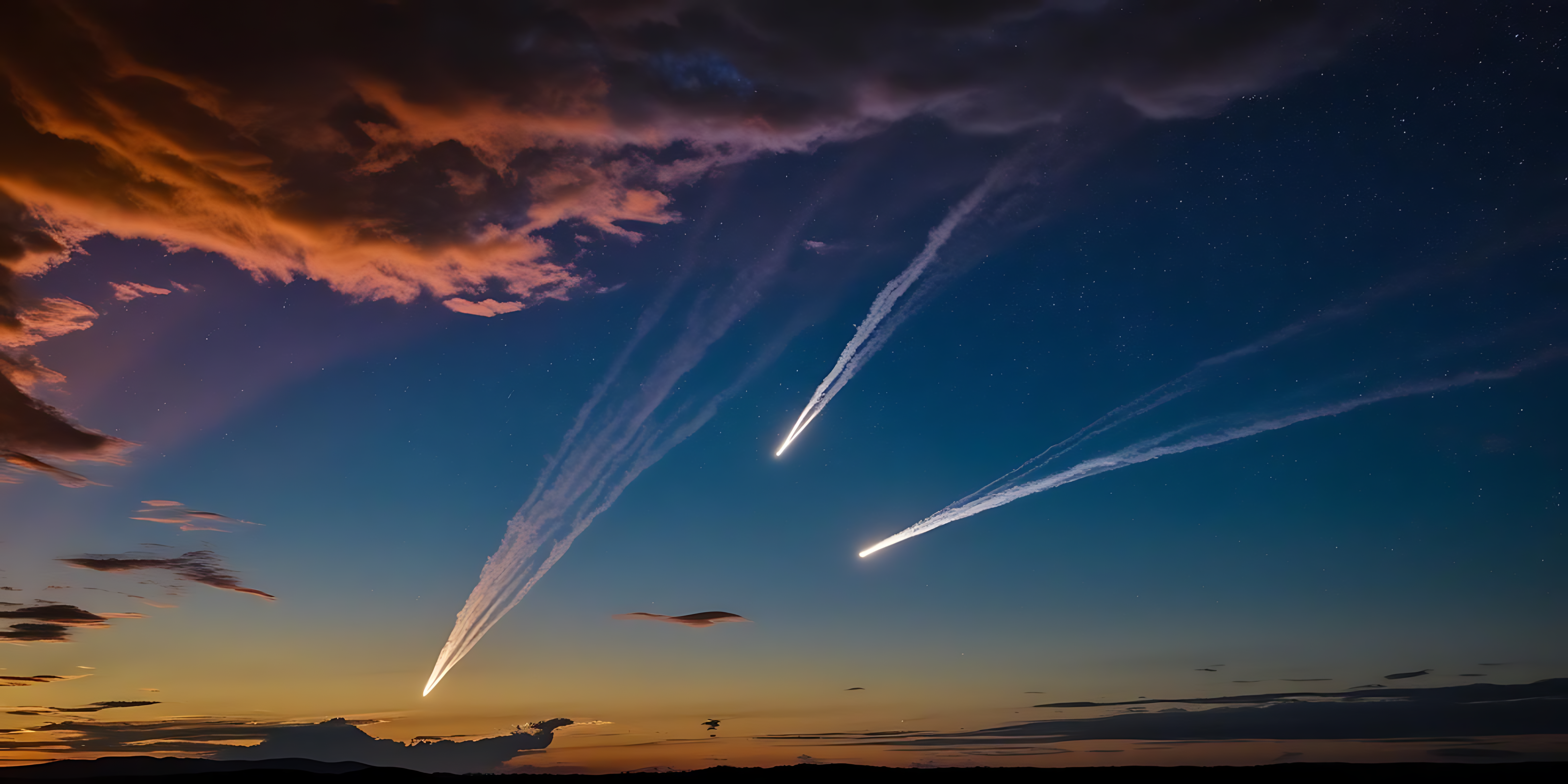 暮色天空中的流星雨 壁紙 — 三顆明亮的流星對角劃過繪有橙色雲彩和深藍色星星的暮色天空。