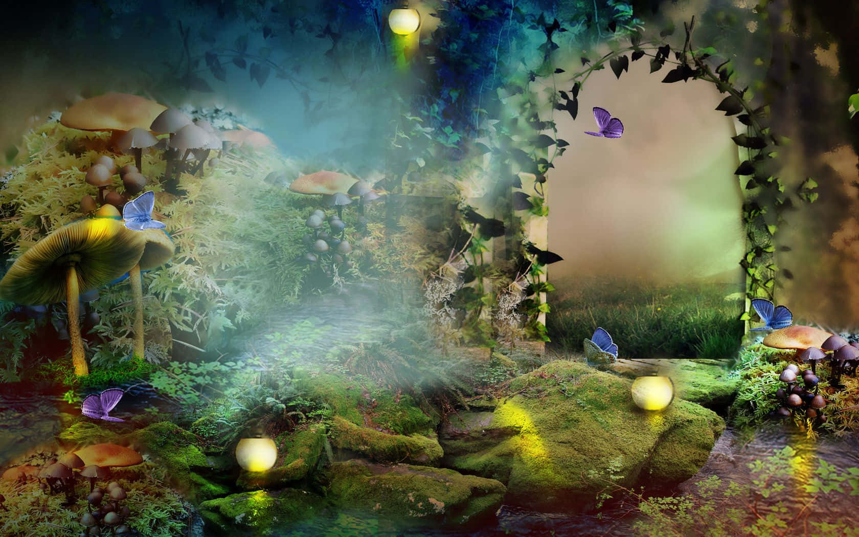 Enchanting 桌布 壁紙 — 暮色天篷下，神秘森林空地上有發光球體蘑菇和蝴蝶。