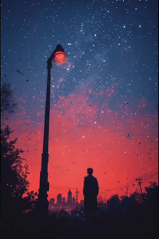 街燈下一個人的剪影，以星空紅藍天空為背景，鳥兒在城市上空飛翔