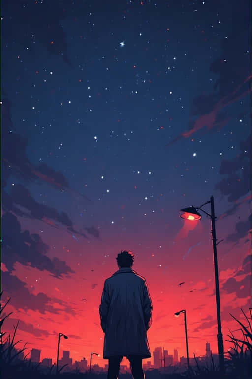 一個穿著外套的人黃昏時獨自站在星空下，伴隨著發光的路燈和城市天際線。