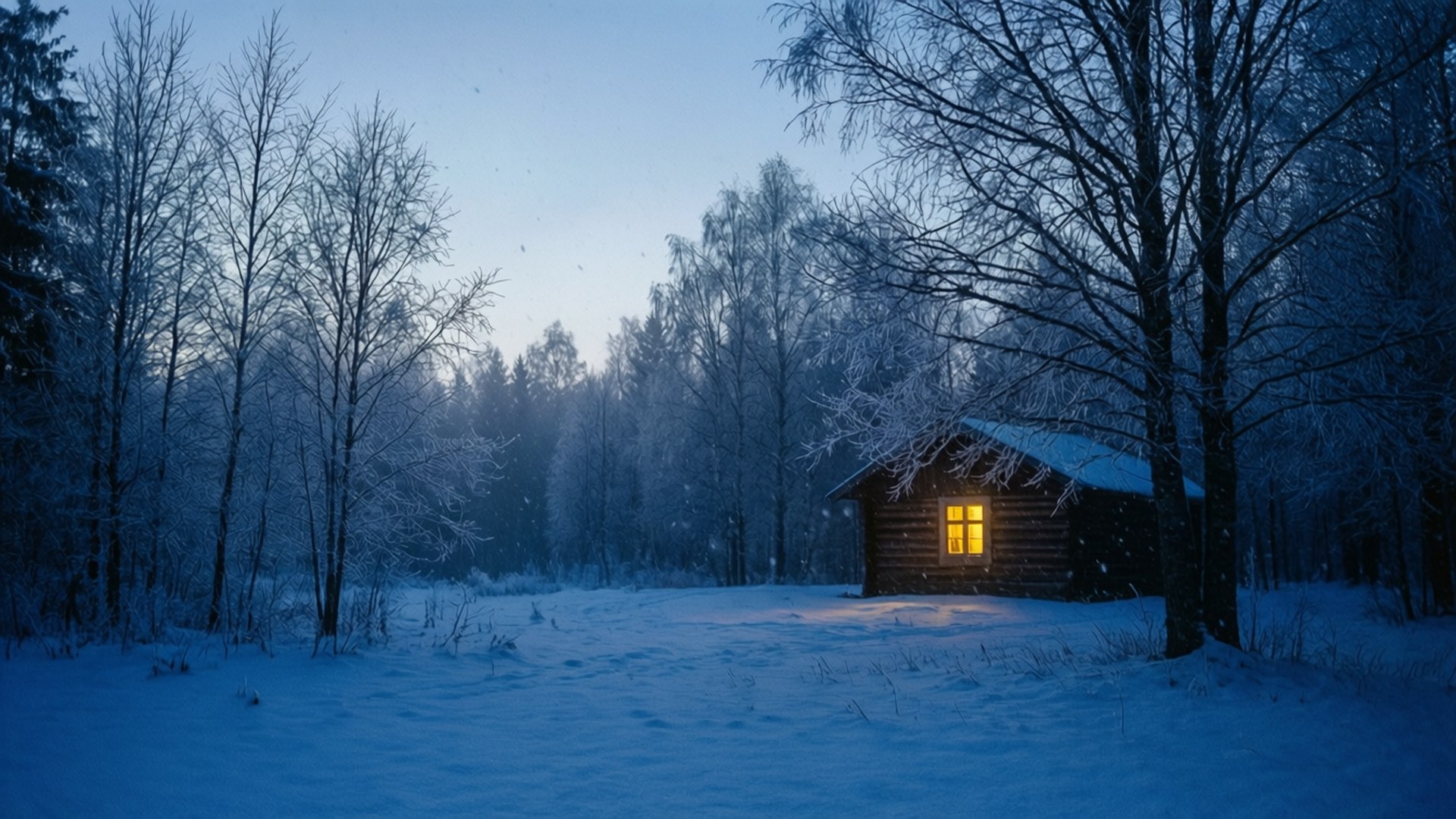 冬日森林中一間積雪的小屋，窗戶在黃昏時分閃爍著光芒。