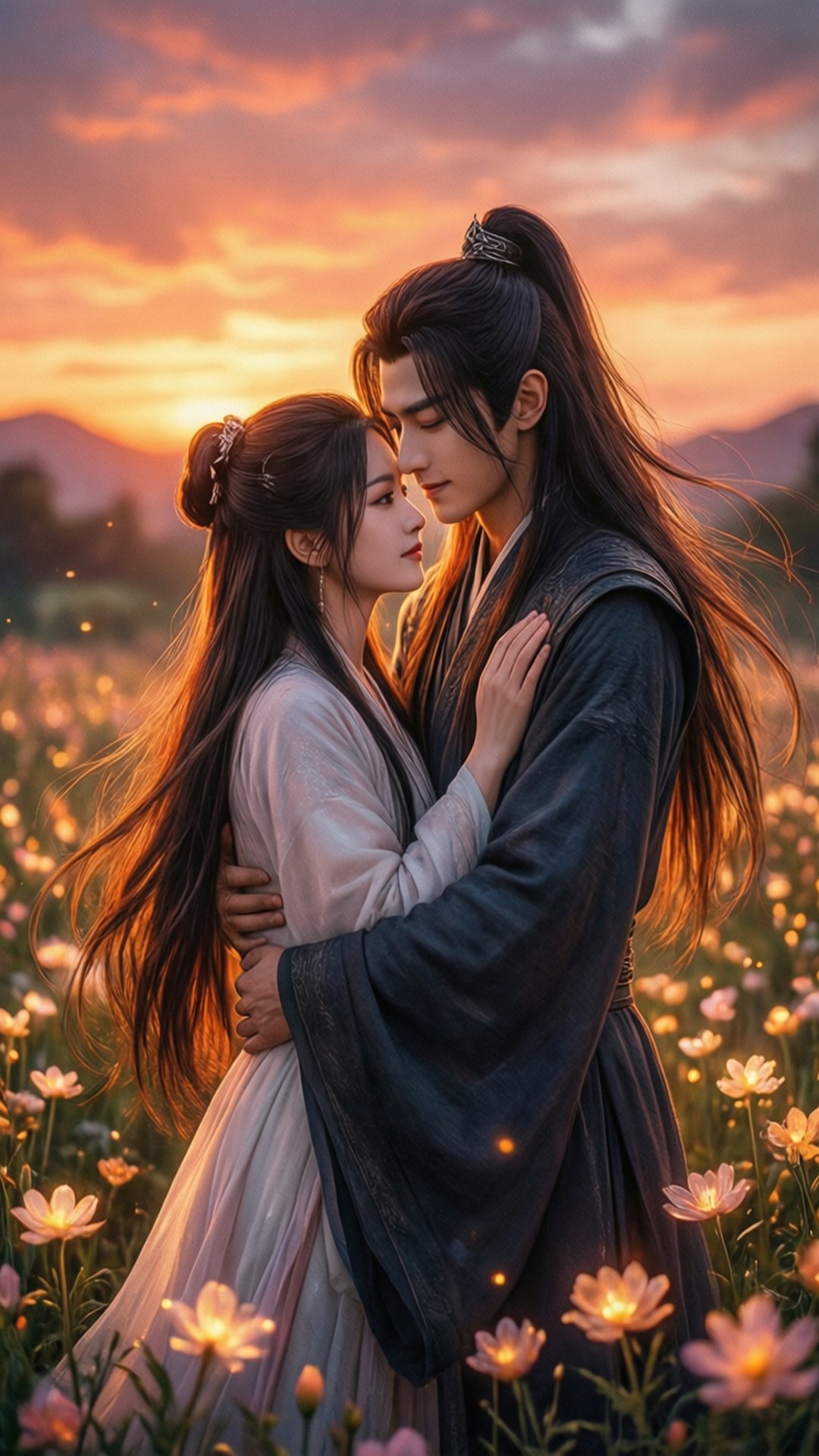 暮色擁抱 壁紙 — 一對穿著傳統長袍的情侶在日落時分，在閃爍著光芒的花田裡溫柔擁抱。